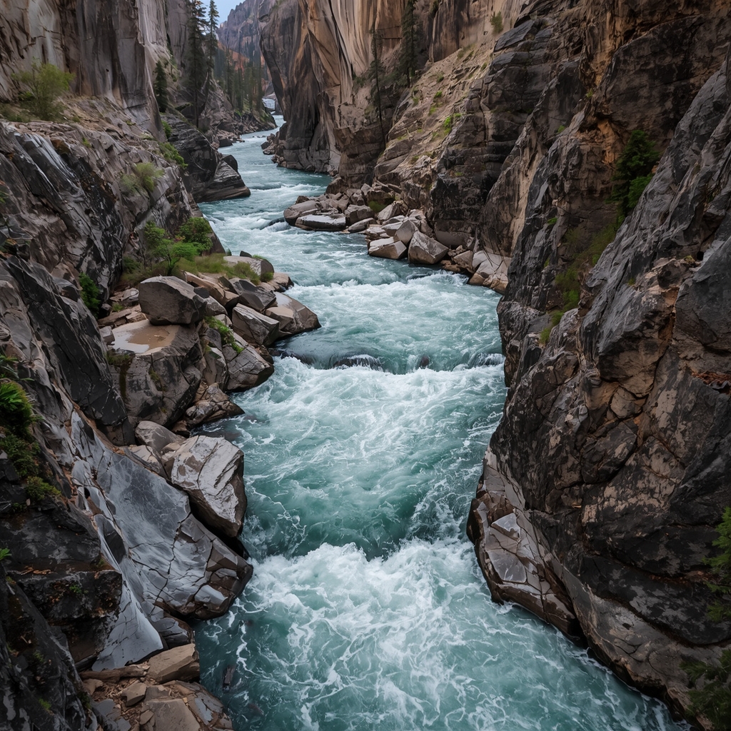 prompt: A high quality photo of a wild river rushing through a deep canyon, white water rapids, imposing rock walls, nature, adventure, no people, photorealistic